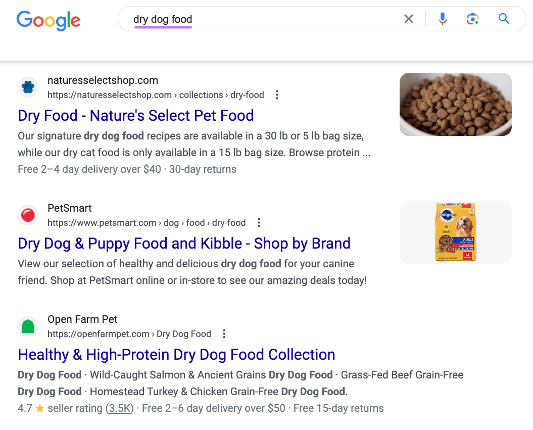 Google's SERP for "dry dog food"