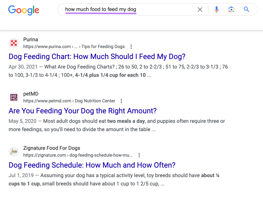 Google's SERP for “how much food to feed my dog”