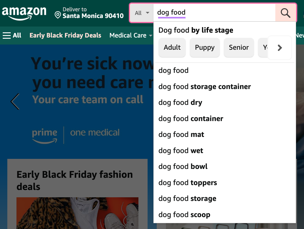 Amazon's suggestions when typing "dog food" into the search bar