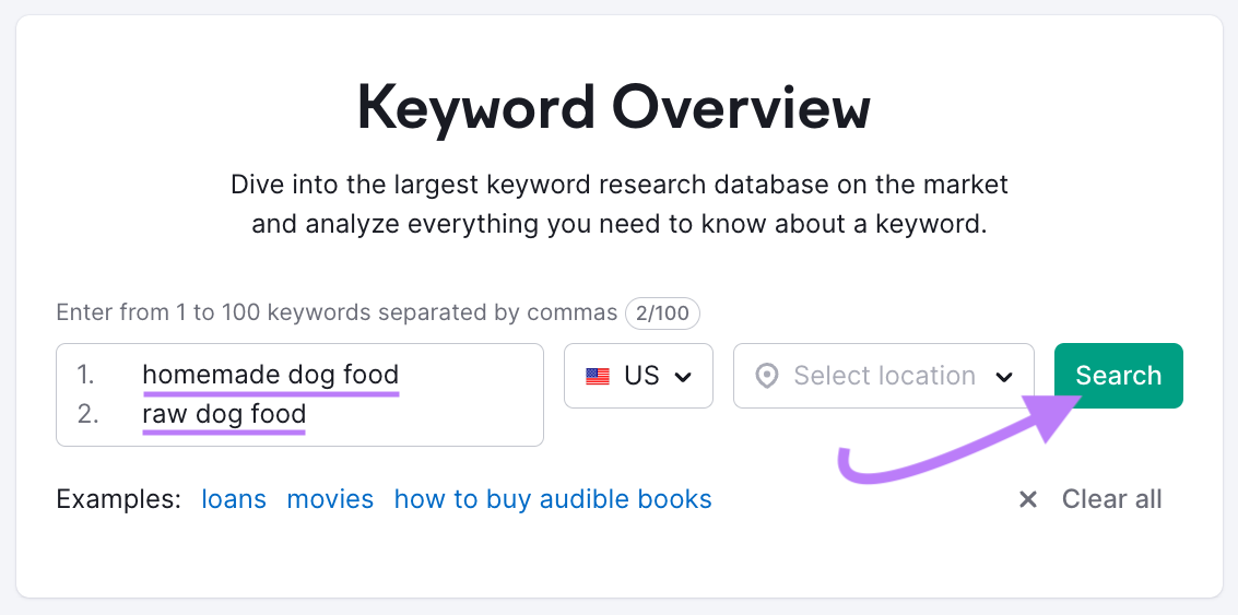 "homemade dog food," and "raw dog food" entered into the Keyword Overview tool search bar