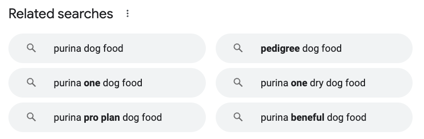Google’s "Related searches" section for "purina dog food"