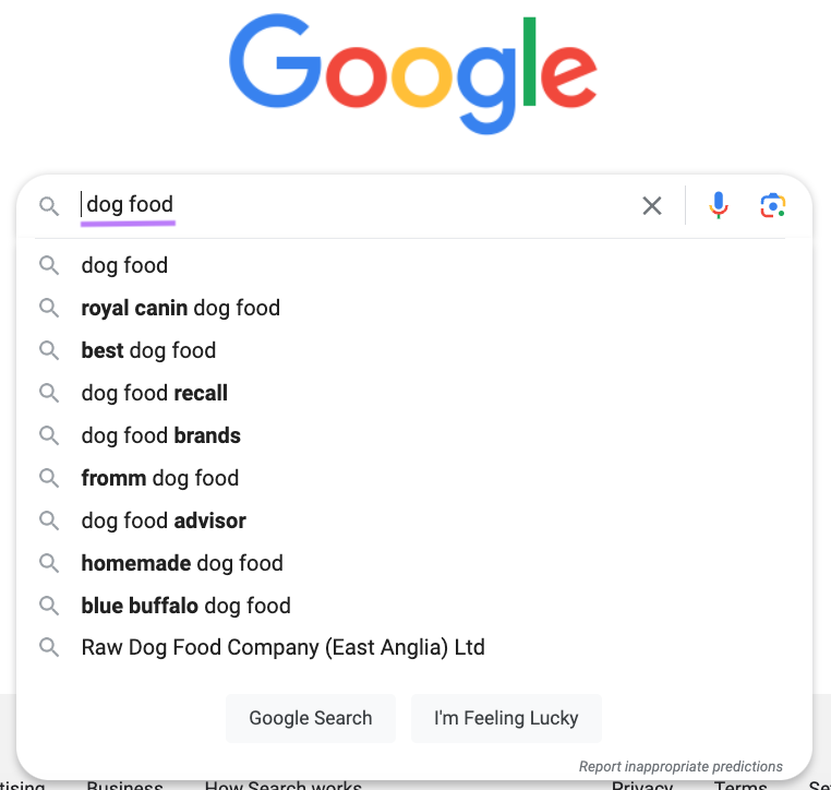 Google autocomplete suggestions when typing " dog food" into the search box