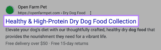 "Healthy & High-Protein Dry Dog Food Collection" title tag highlighted on search results
