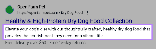 A meta description highlighted under "Healthy & High-Protein Dry Dog Food Collection" results on SERP
