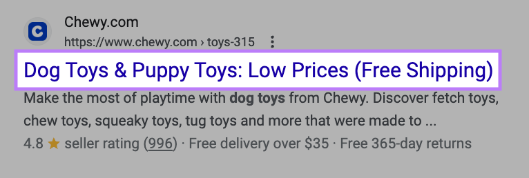 "Dog Toys & Puppy Toys: Low Prices (Free Shipping)" title tag highlighted on search results