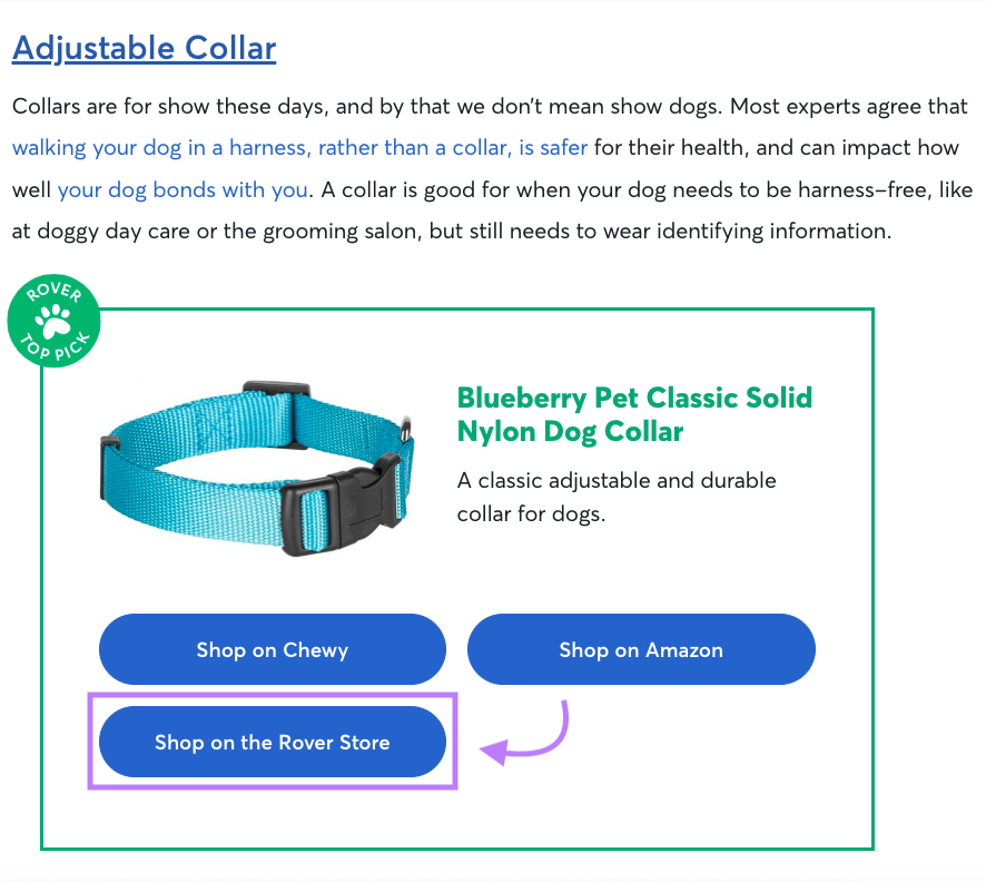 Rover's section of the blog promoting their nylon dog collar
