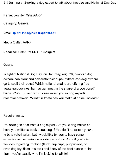 "Summary: Seeking a dog expert to talk about freebies and National Dog Day" query opened from HARO’s email