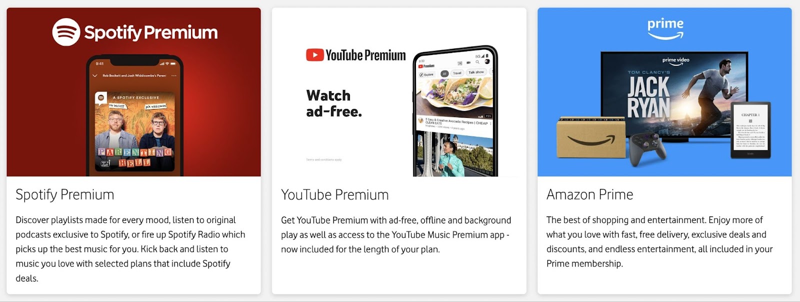 Vodafone rewards section including Spotify Premium, YouTube Premium, and Amazon Prime