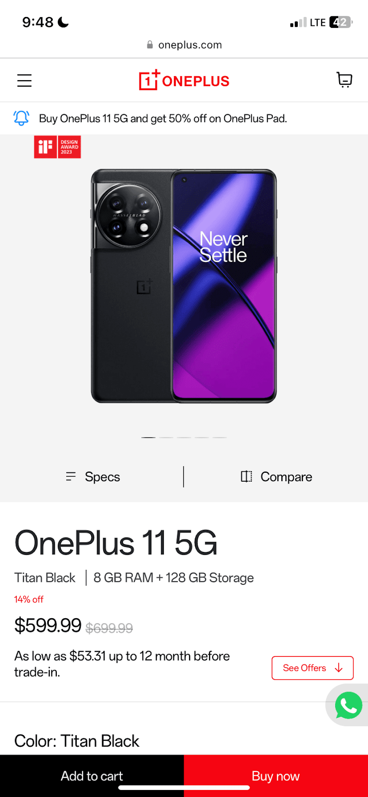 Product listing on oneplus.com mobile version