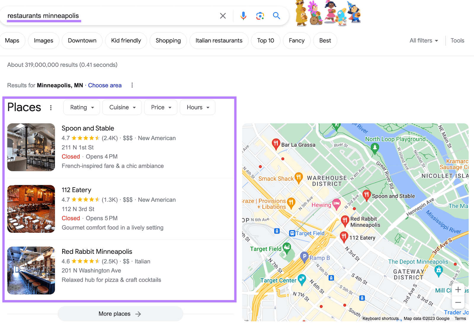 Google's local search results for "restaurants minneapolis" query