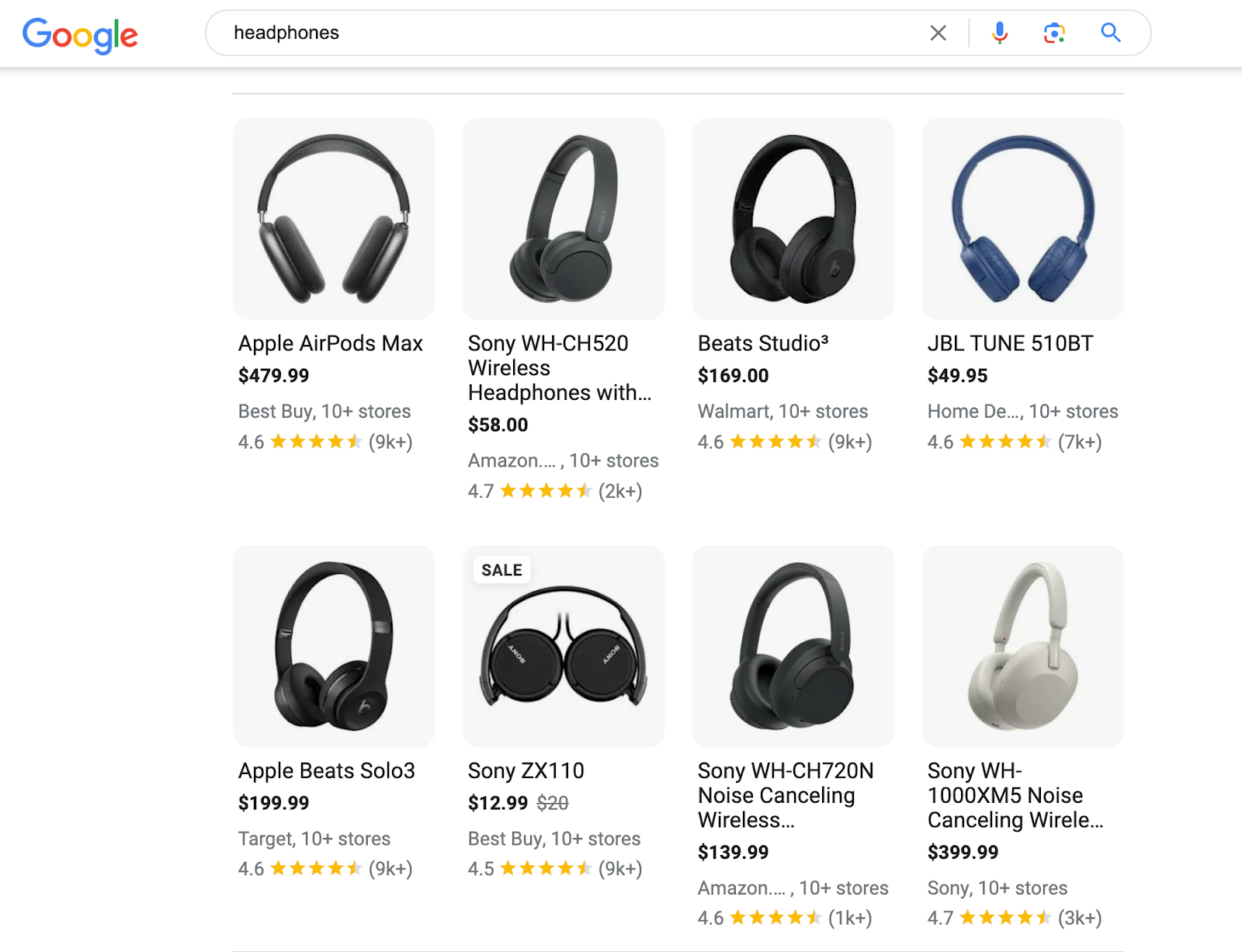 Google Shopping ads for "headphones"