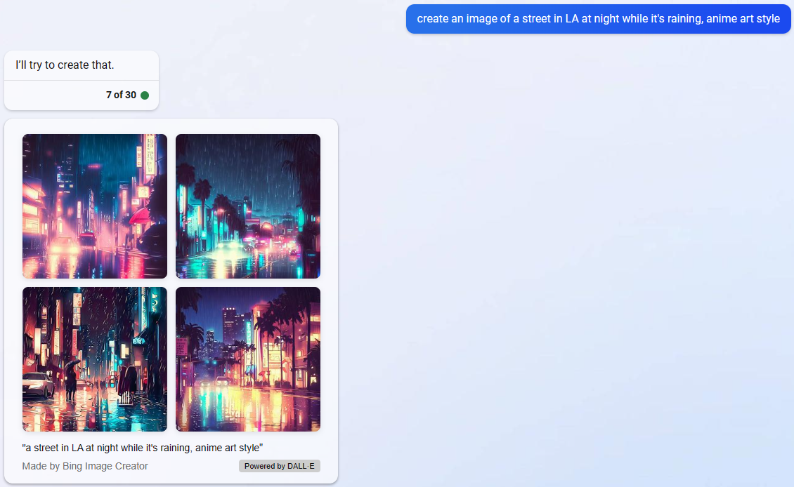 "create an image of a street in LA at night while its raining, anime art style" query in Bing Image Generator