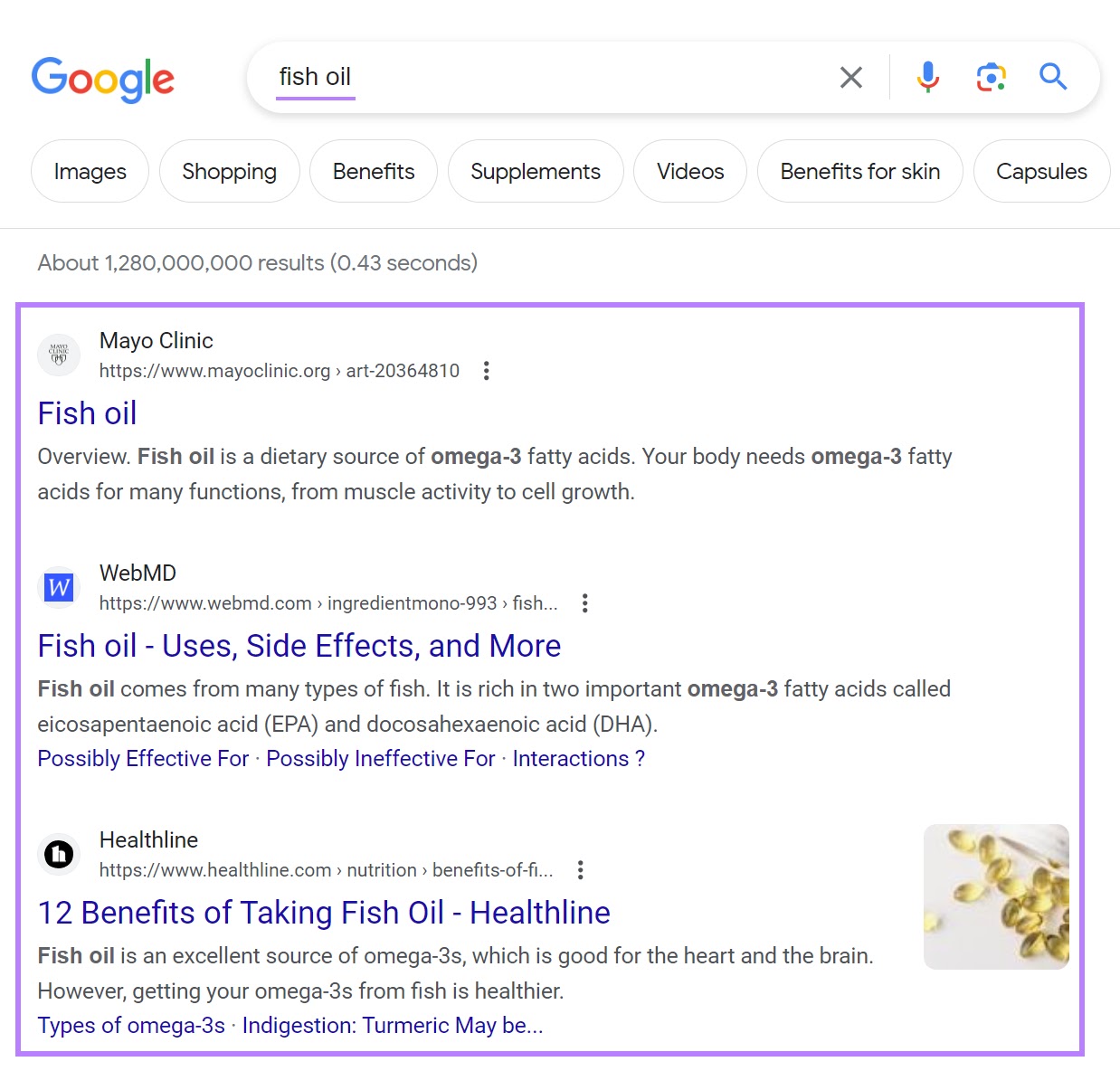 Google's SERP for “fish oil" query