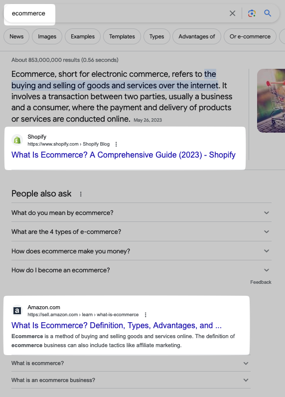 Google results for Shopify and Amazon highlighted under "ecommerce" query