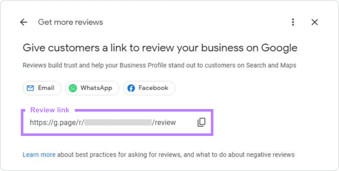 "Give customers a link to review your business on Google" pop up window