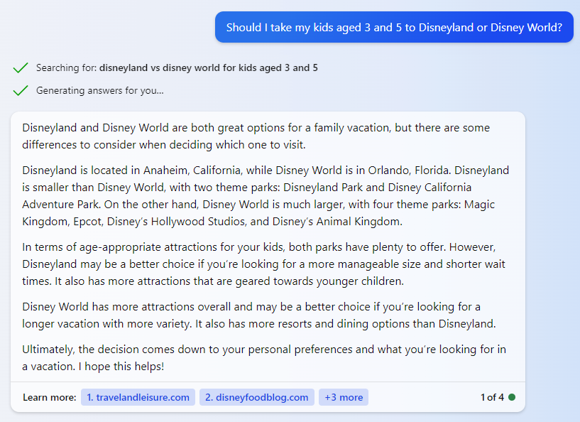 “Should I take my kids aged 3 and 5 to Disneyland or Disney World?” query on Bing