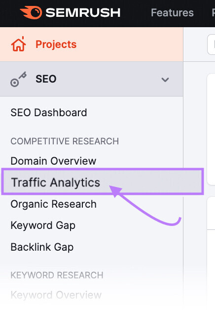 “Traffic Analytics” selected in Semrush menu