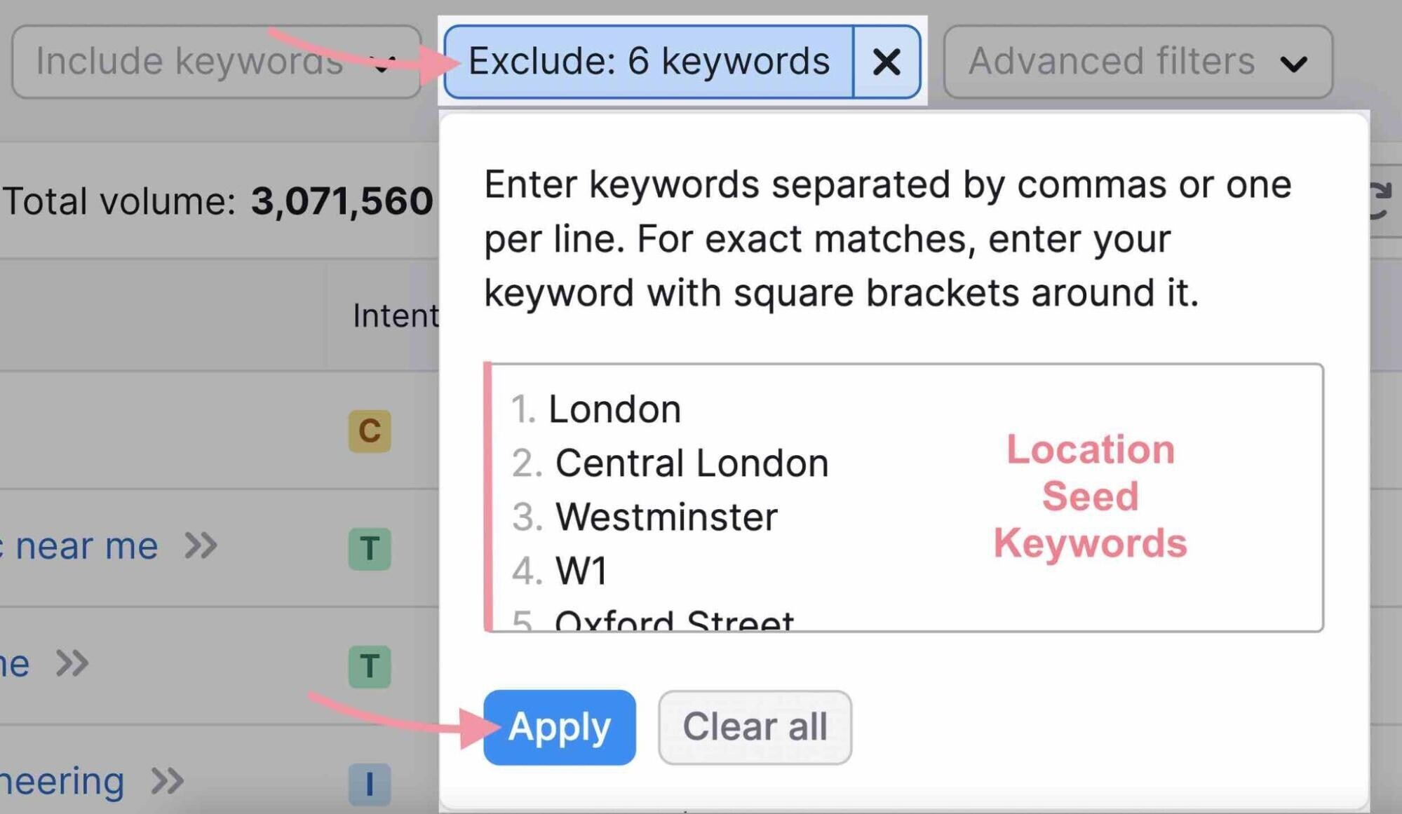 exclude keywords