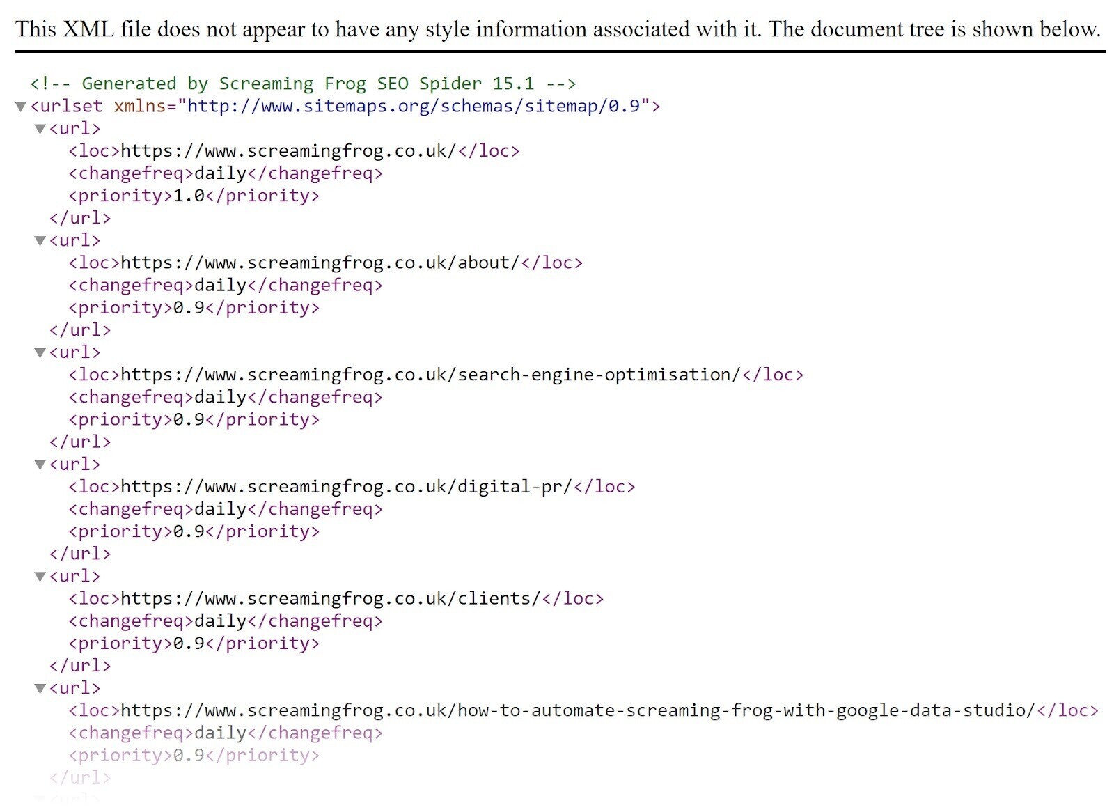 An XML sitemap example from Screaming Frog